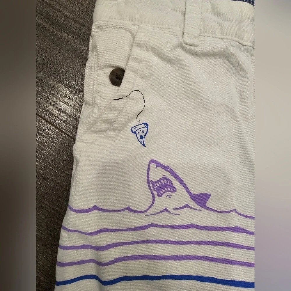 Kid's sz 6 White Denim Shark Pizza‎ Graphic Striped Chino Shorts Animal Beach